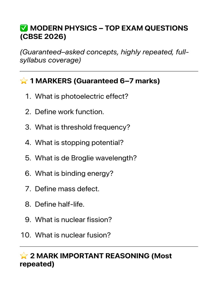 Modern Physics - Top Exam Questions (Cbse 2026) | PDF | Photoelectric ...