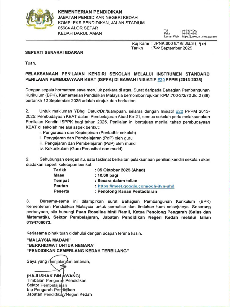 Pelaksanaan Penilaian Kendiri Sekolah Melalui Instrumen Standard ...