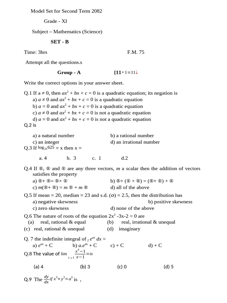 Model Set B Mathematics | PDF | Quadratic Equation | Elementary Mathematics