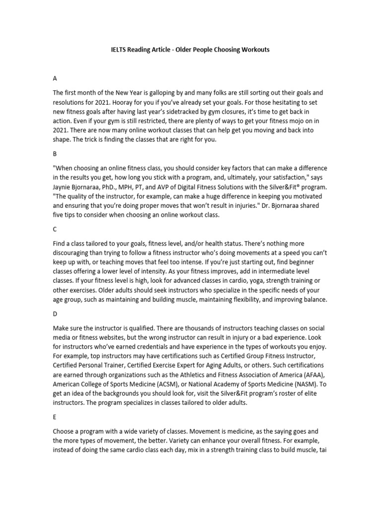 IELTS+Reading+ +Older+People+Workouts+Article | PDF | Physical Fitness ...