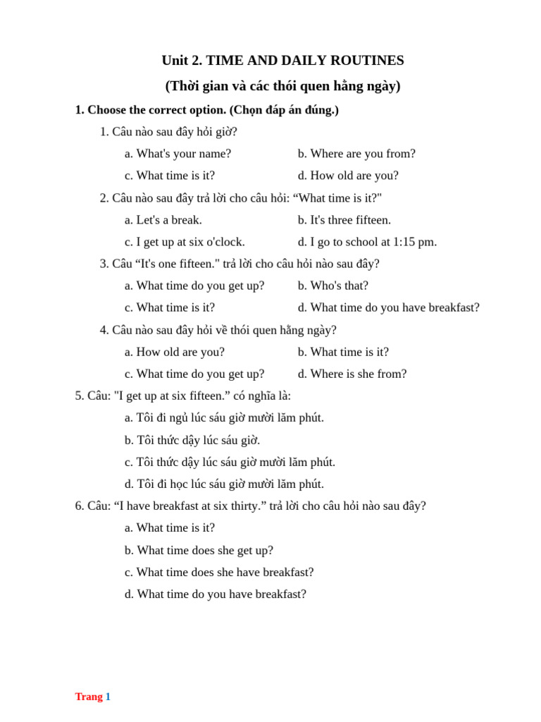 Unit 2. Time and Daily Routines | PDF | Meal | Eating Behaviors Of Humans
