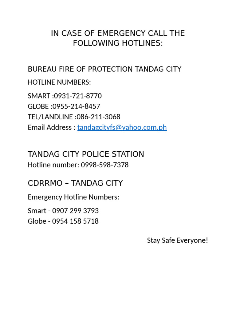 In Case of Emergency Call the Following Hotlines | PDF