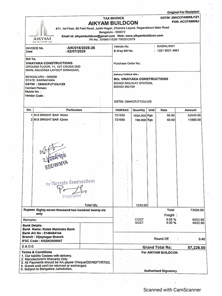 Vinayaka Structural Steel Bills | PDF