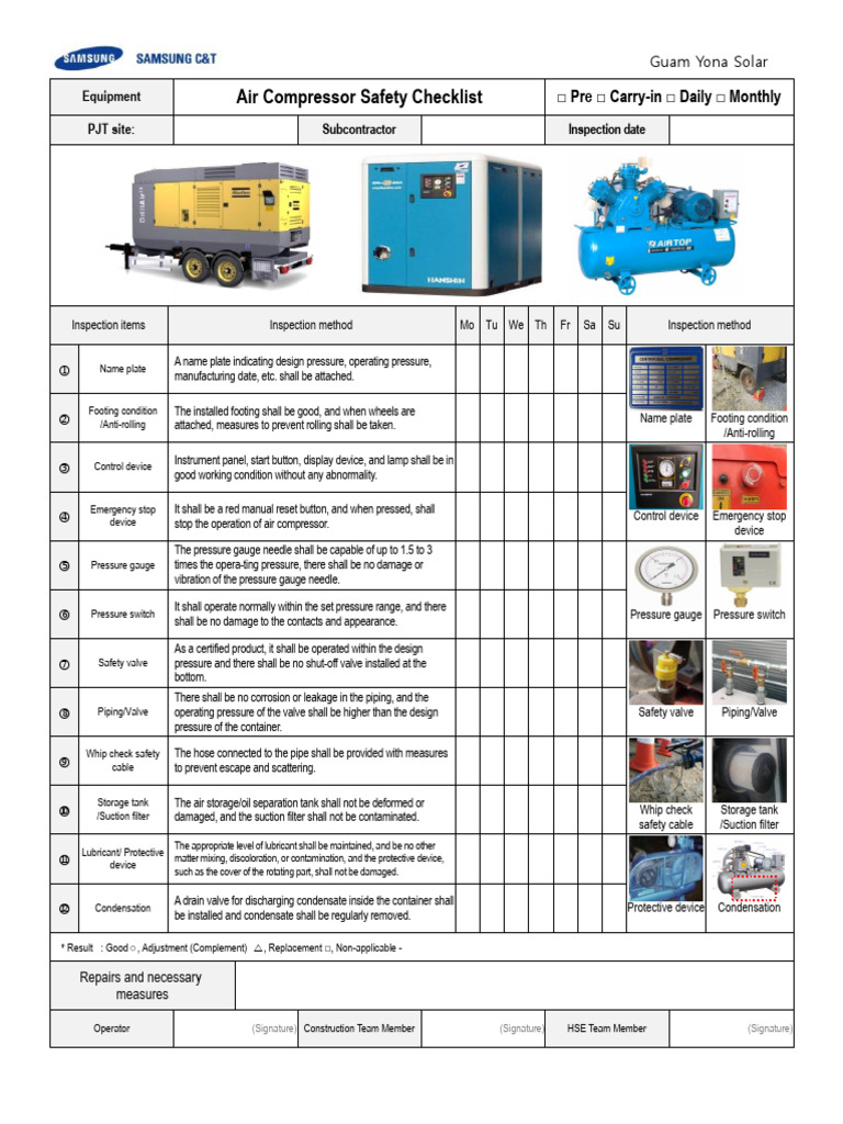 Air Compressor Safety Checklist | PDF | Valve | Pressure Measurement