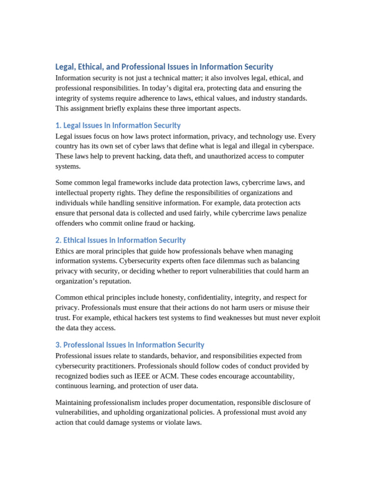 Legal Ethical Professional Issues Assignment | PDF | Security ...