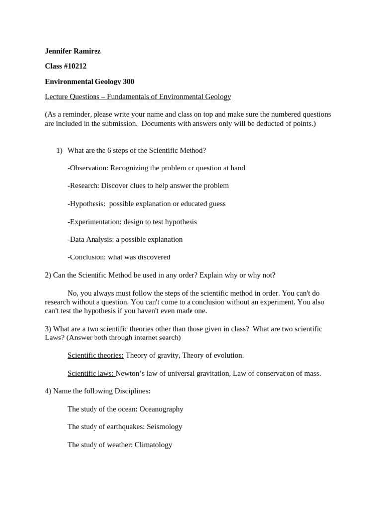 1_Fundamentals of Environmental Geology_Lecture Questions | PDF