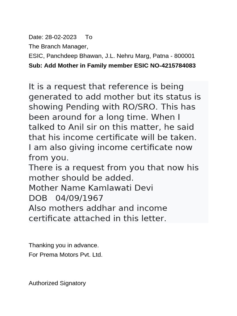 ESIC Letter of Kamlesh Kumar | PDF