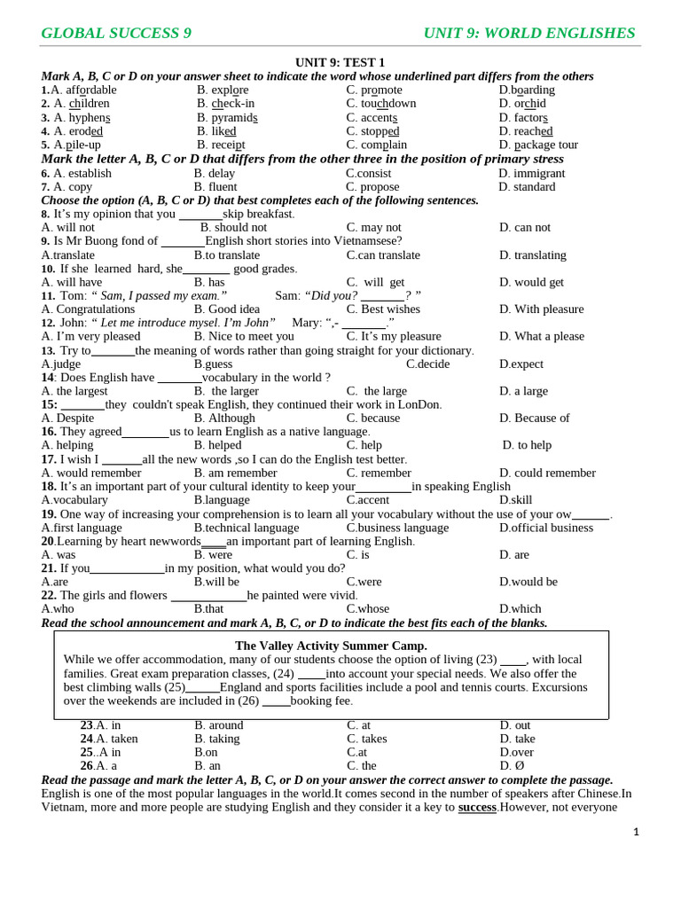 Unit 9 (Practice Test) | PDF | English Language | Linguistics
