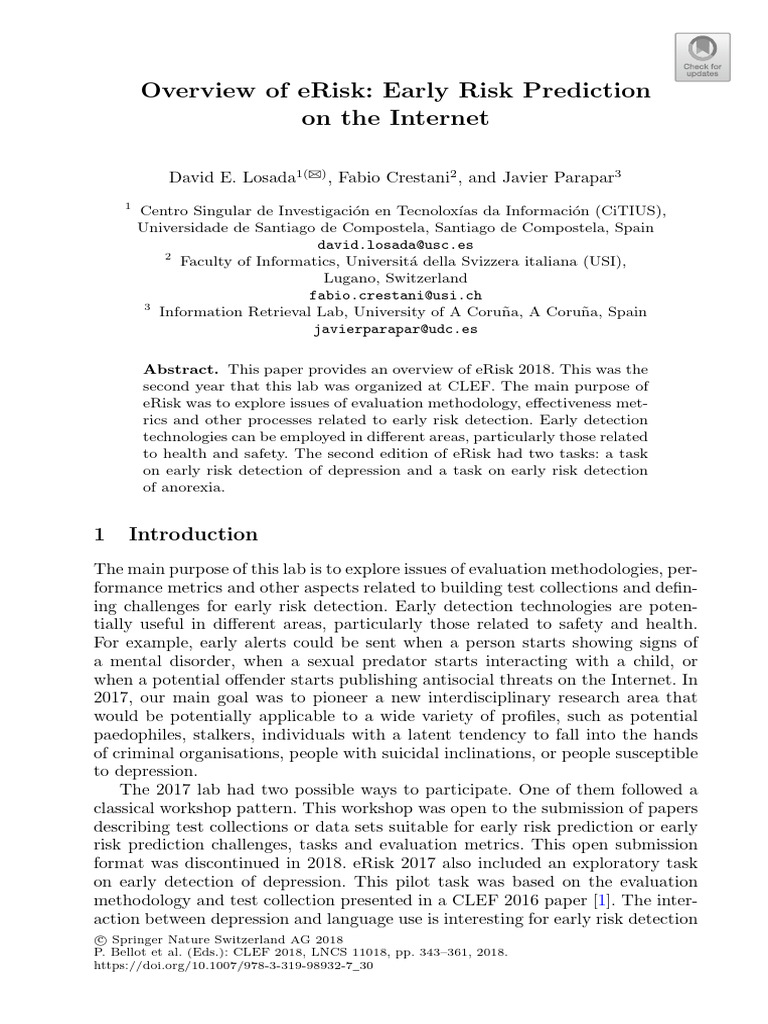 Overview of ERisk Early Risk Prediction On The Internet | PDF
