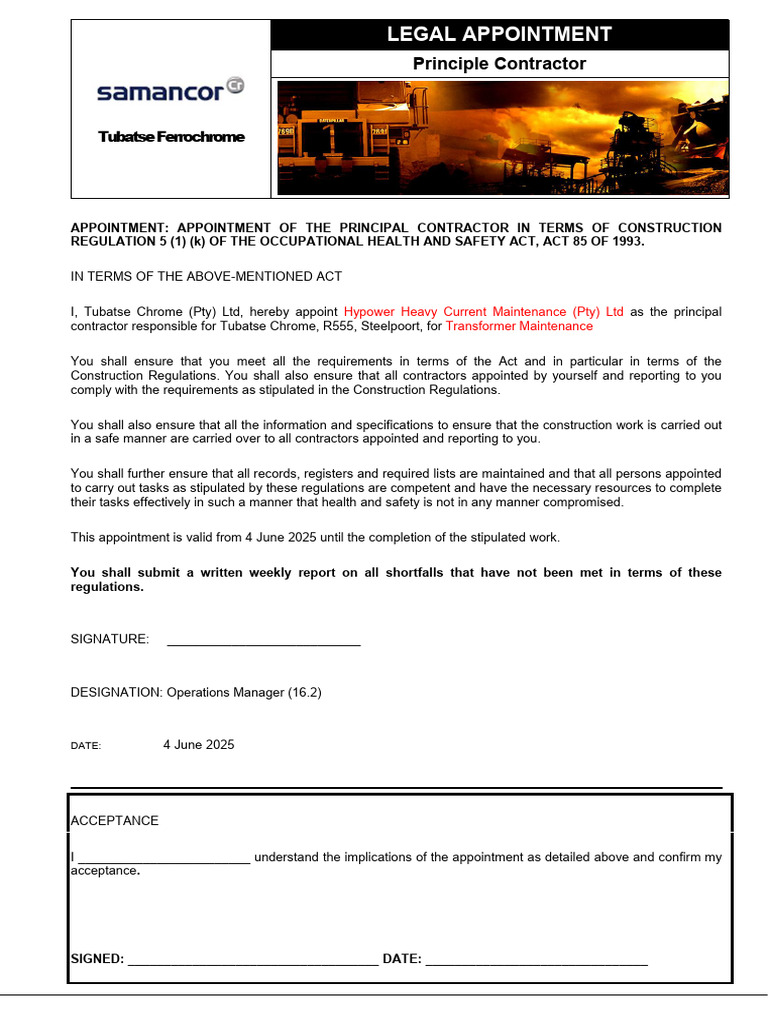 TC-C-SHEQ-CON-TEM-007 Rev 00.1 CR 5(1)(k) - Principal Contractor (1) | PDF