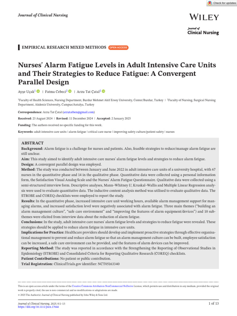 Nurses Alarm Fatigue Levels in Adult Intensive Care Units and Their ...