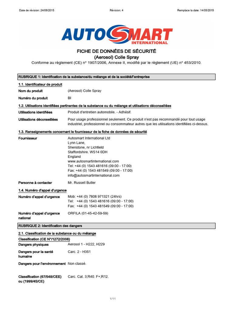FDS Colle Spray SDS10957 Aerosol FRA | PDF | Génie chimique | Processus ...