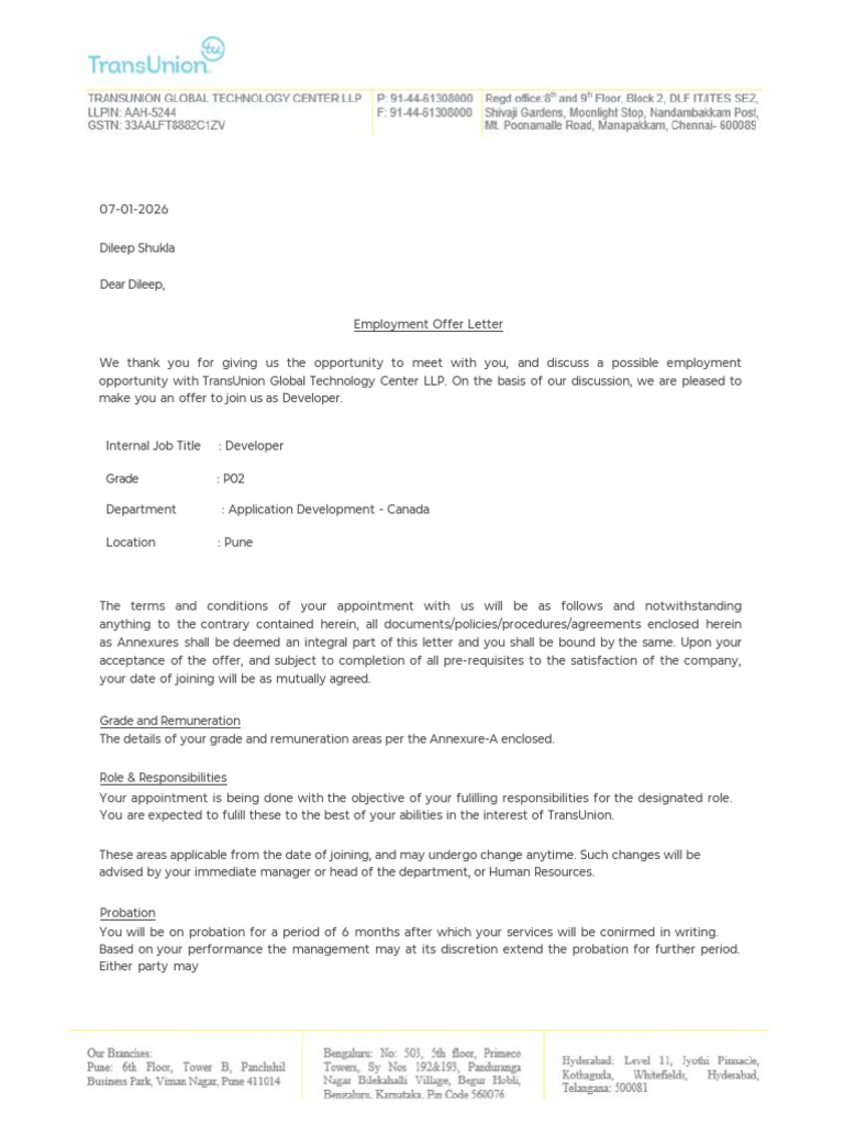 GTC LLP India External Offer Letter 2026-01-09 | PDF | Employment ...