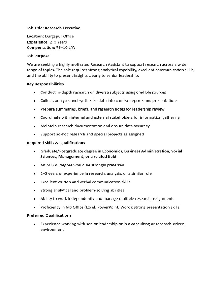 JD for Research Executive | PDF