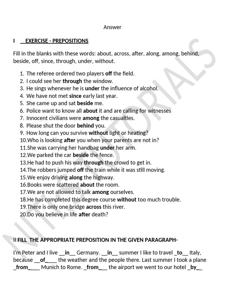 EXERCISE On Preposition Answer | PDF