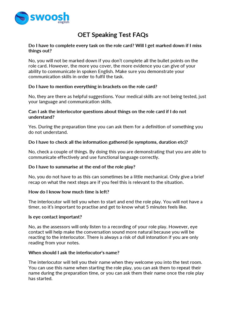 OET Speaking Lesson 1 - Test FAQs | PDF | Human Communication