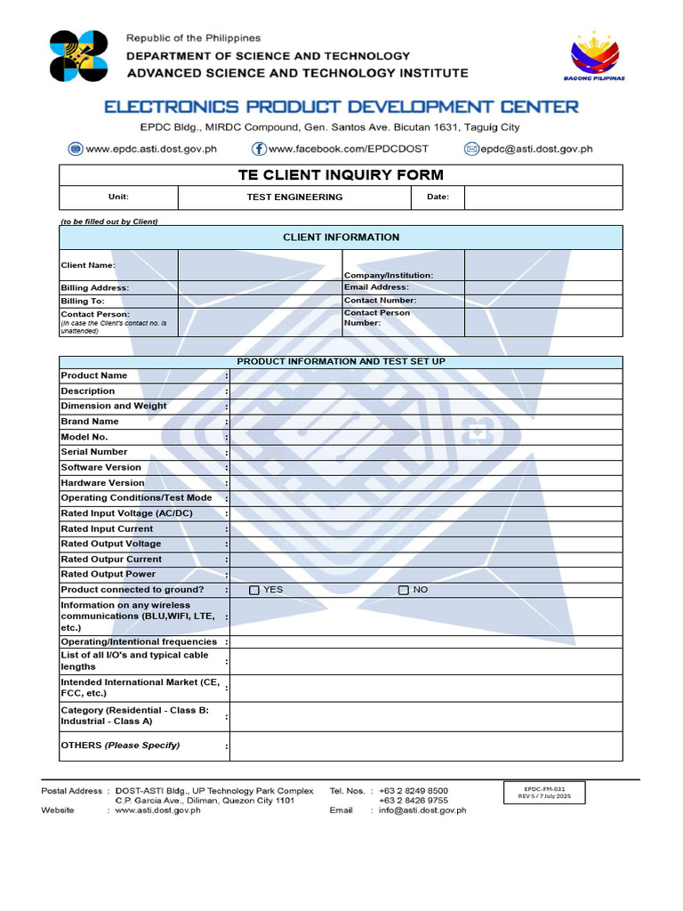 Test Engineering Client Inquiry Form | PDF | Electromagnetic ...
