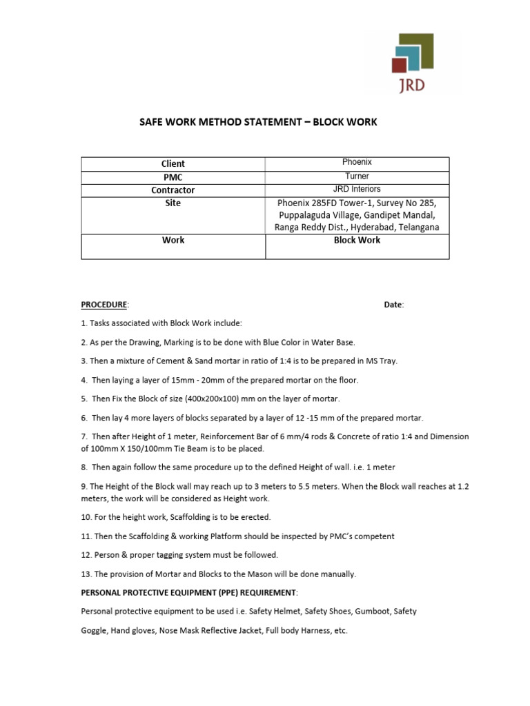 Safe Work Method Statement - Block Work | PDF
