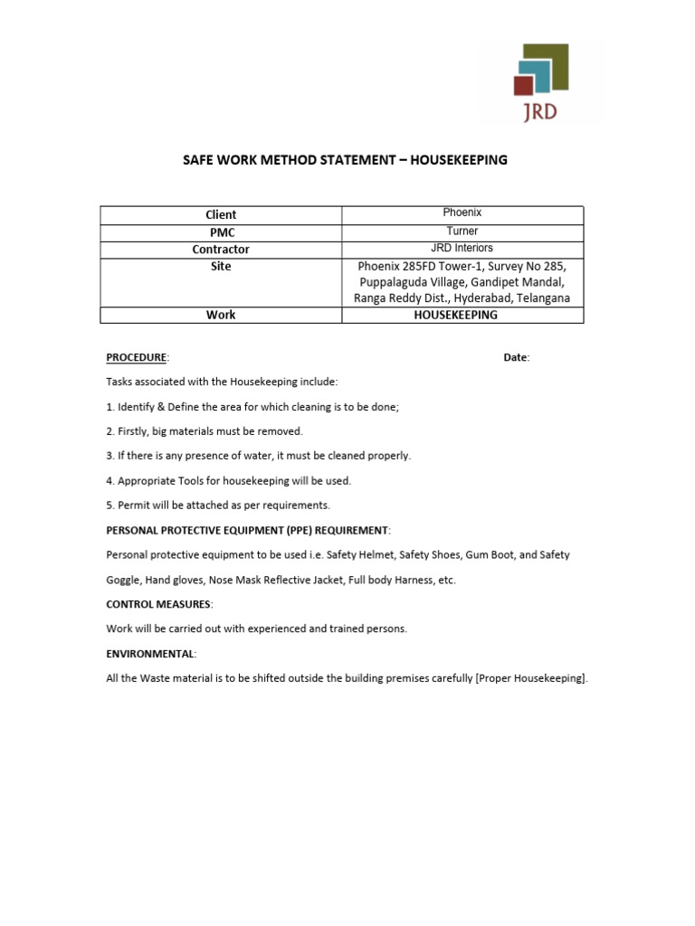 Safe Work Method Statement - Housekeeping | PDF