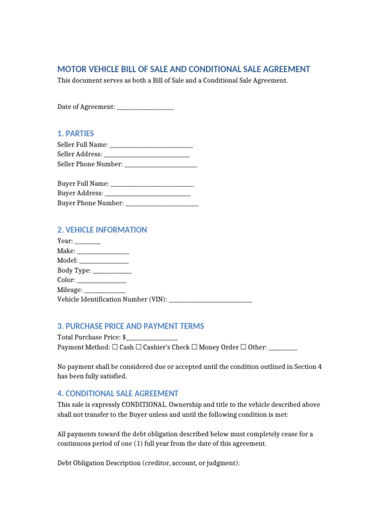 Vehicle Bill of Sale and Conditional Sale Agreement | PDF | Payments ...