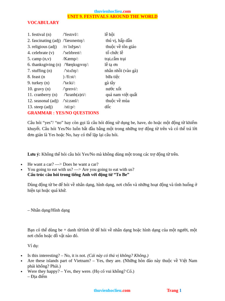 Bai Tap Bo Tro Tieng Anh 7 Global Unit 9 FESTIVALS AROUND The WORLD | PDF