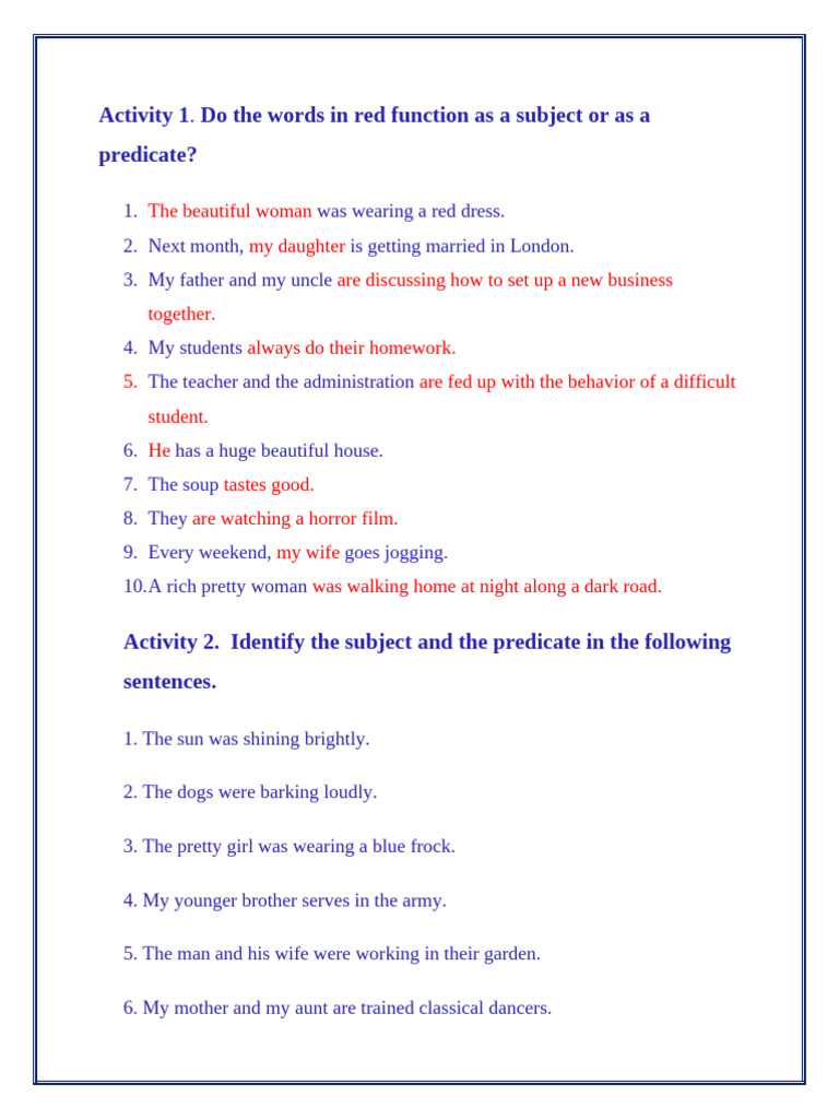 Homework -Subject & Predicate | PDF
