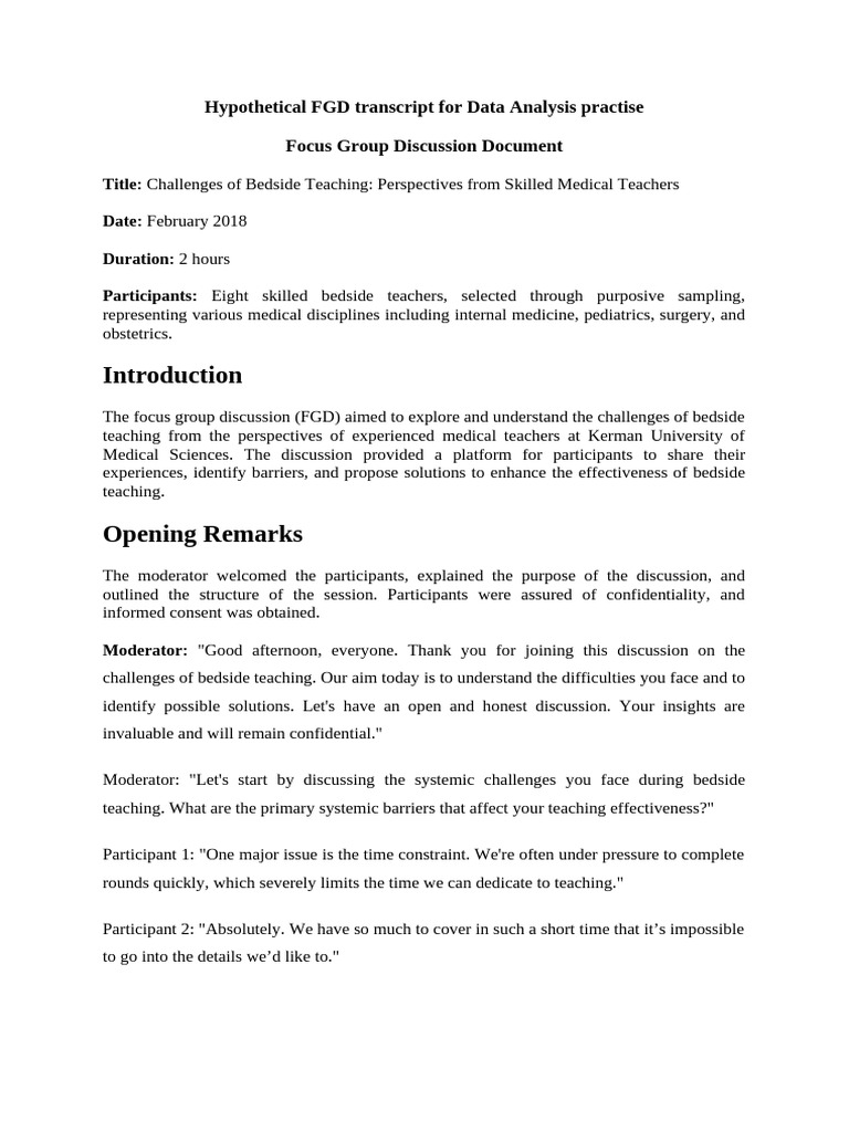 Hypothetical FGD transcript for Data Analysis practise | PDF ...