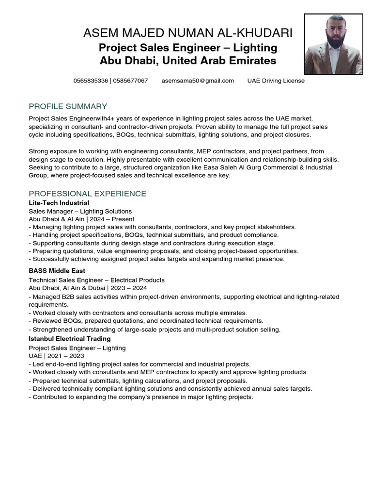 ASEM AL KHUDARI Project Sales Engineer Lighting CV PDF | PDF | United ...