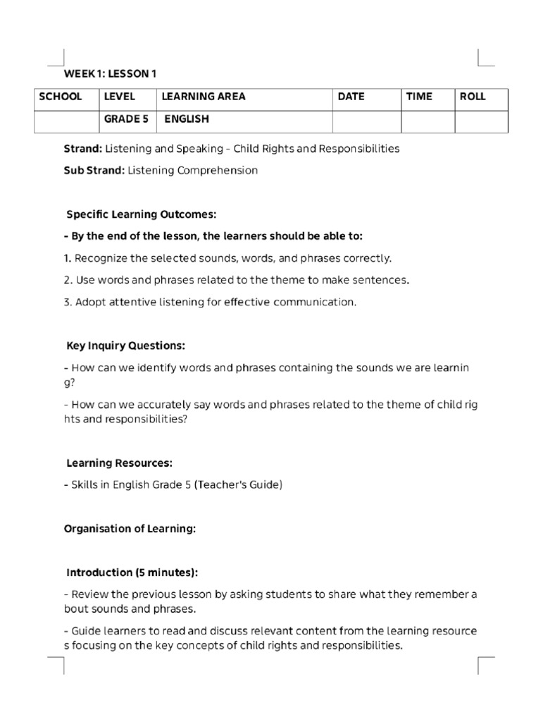 Grade 5 Rationalized English Lesson Plans Term 1 Phoenix | PDF