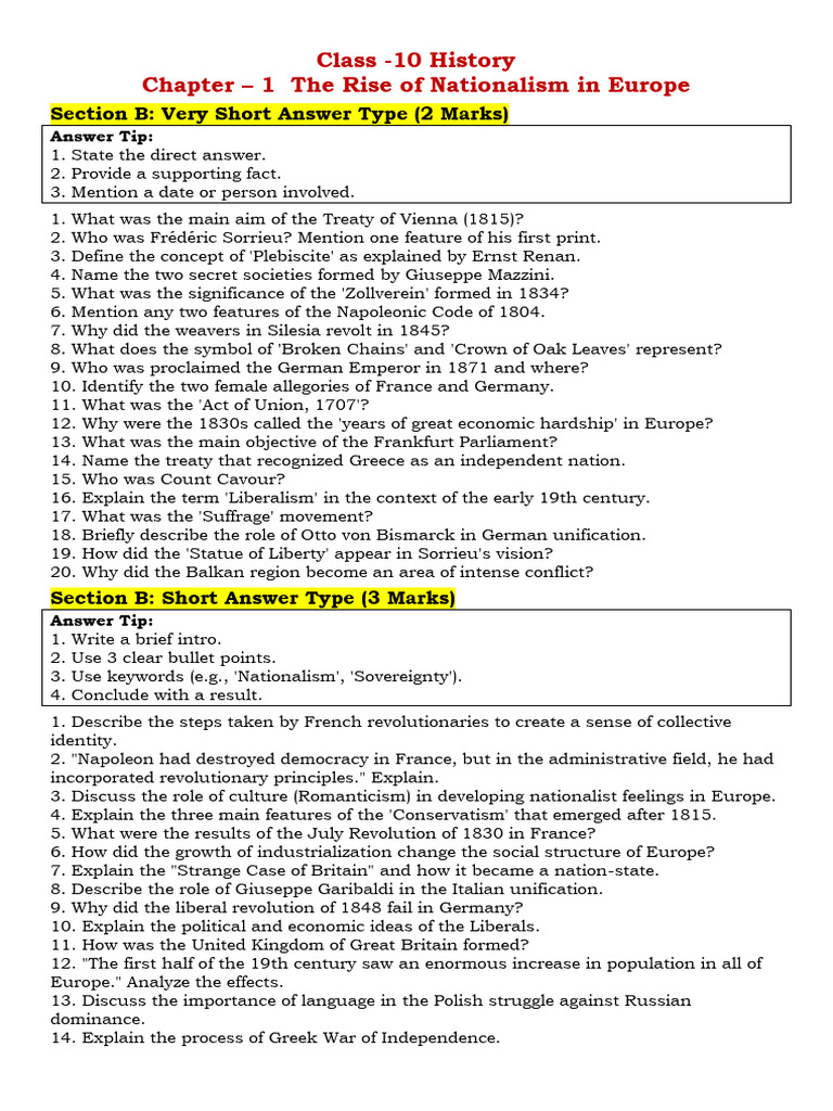 Class 10 History CH 1 Revision Questions | PDF | Nationalism | Europe