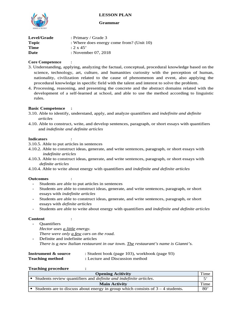 [Lessonplan] grammar od3 unit 10 articles | PDF | Procedural Knowledge ...