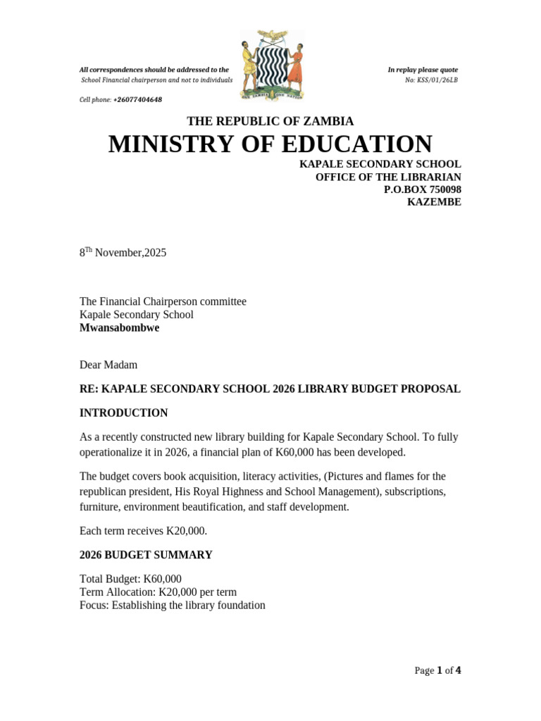 Kapale Secondary 2026 Library Budget Booklet FINAL | PDF | Libraries