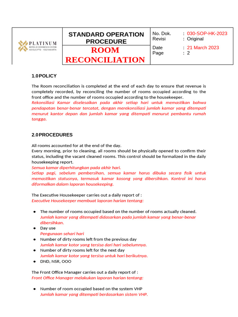 SOP #30 Room Reconciliation | PDF