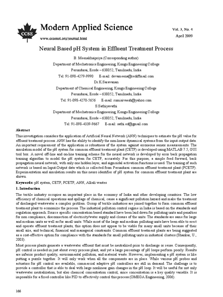 Neural Based PH System in Effluent Treatment Process | PDF | Artificial ...
