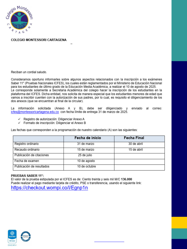 Circular Pruebas Nacionales Icfes - Grado 11° 2025 | PDF