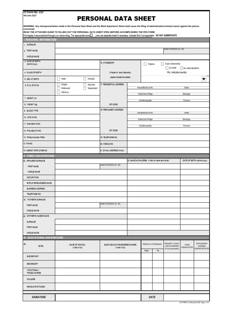 ANNEX H-1 - CS Form No. 212 Revised 2025 - Personal Data Sheet | PDF
