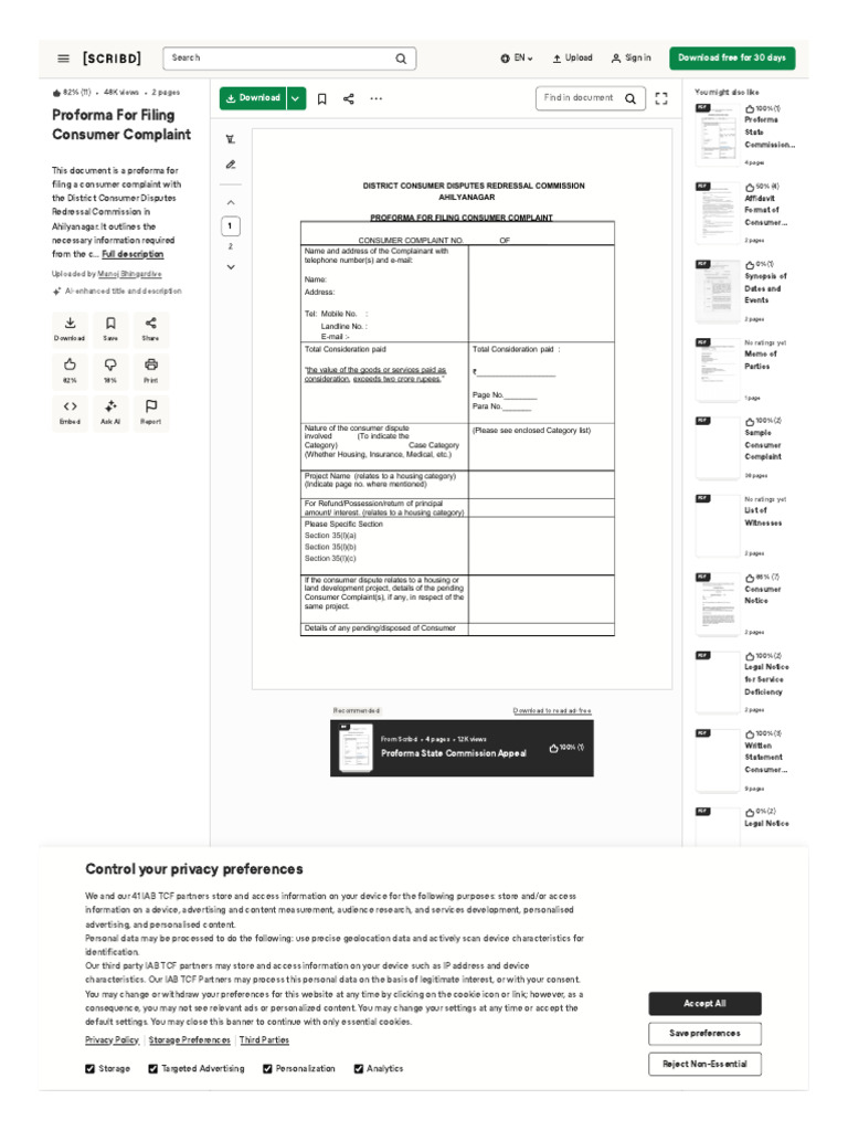 WWW Scribd Com Document 860614780 Proforma For Filing Consumer ...