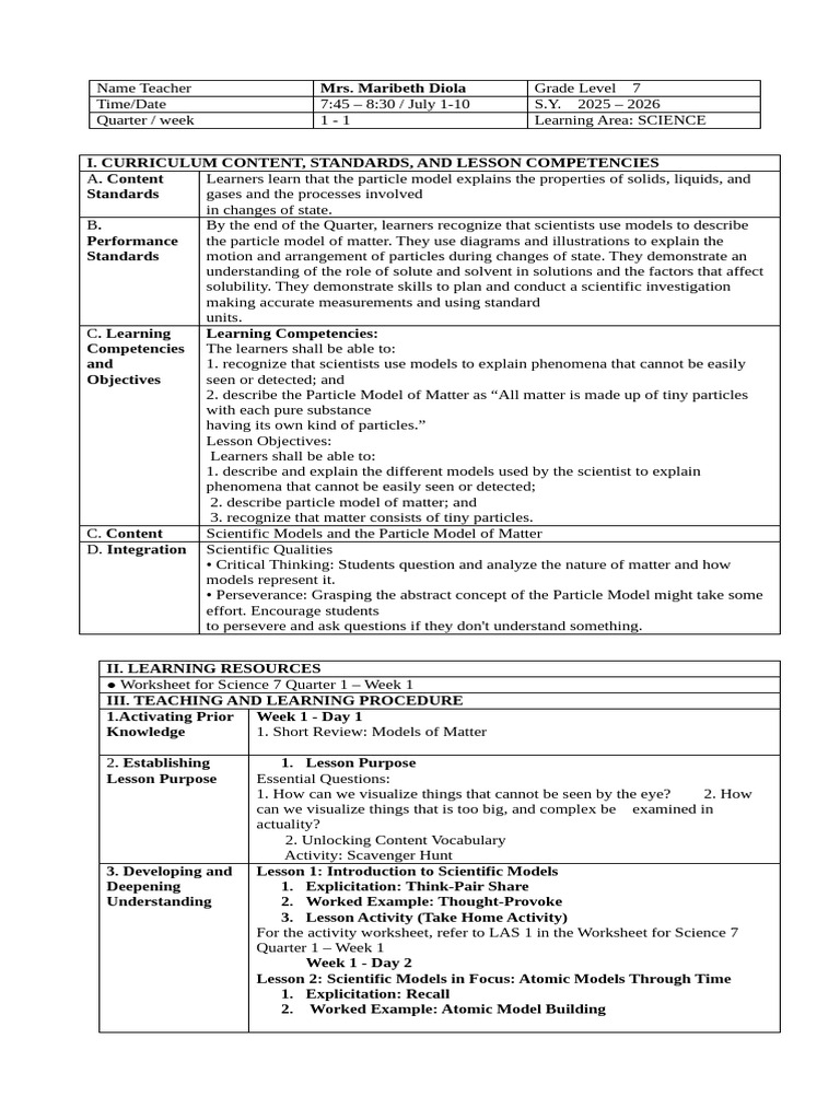 Lesson Plan Science 7 WK 2 | PDF | Matter | Science