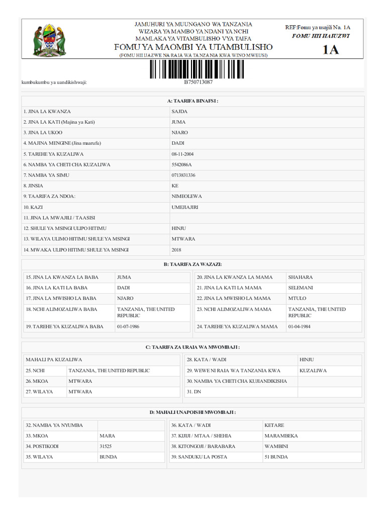 Fomu Ya Nida | PDF