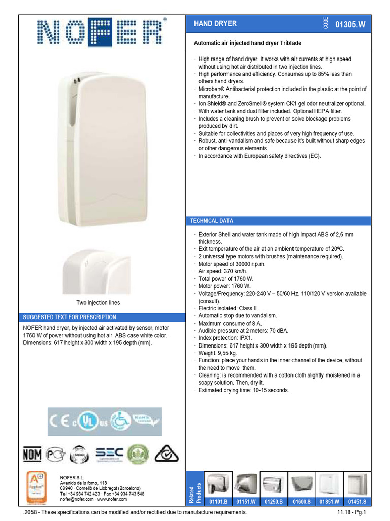 01305.W Nofer v-Jet Triblade Sensor Hand Dryer | PDF | Clothes Dryer ...