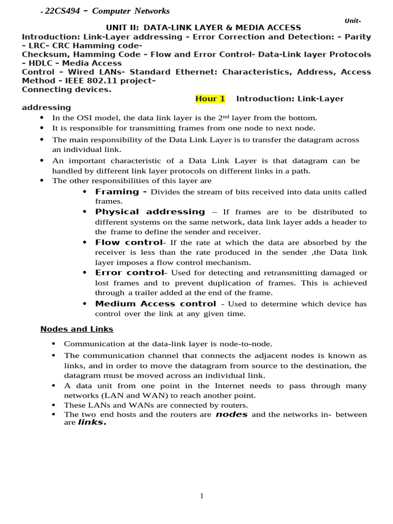 CN Unit - II Notes | PDF | Error Detection And Correction | Computer ...