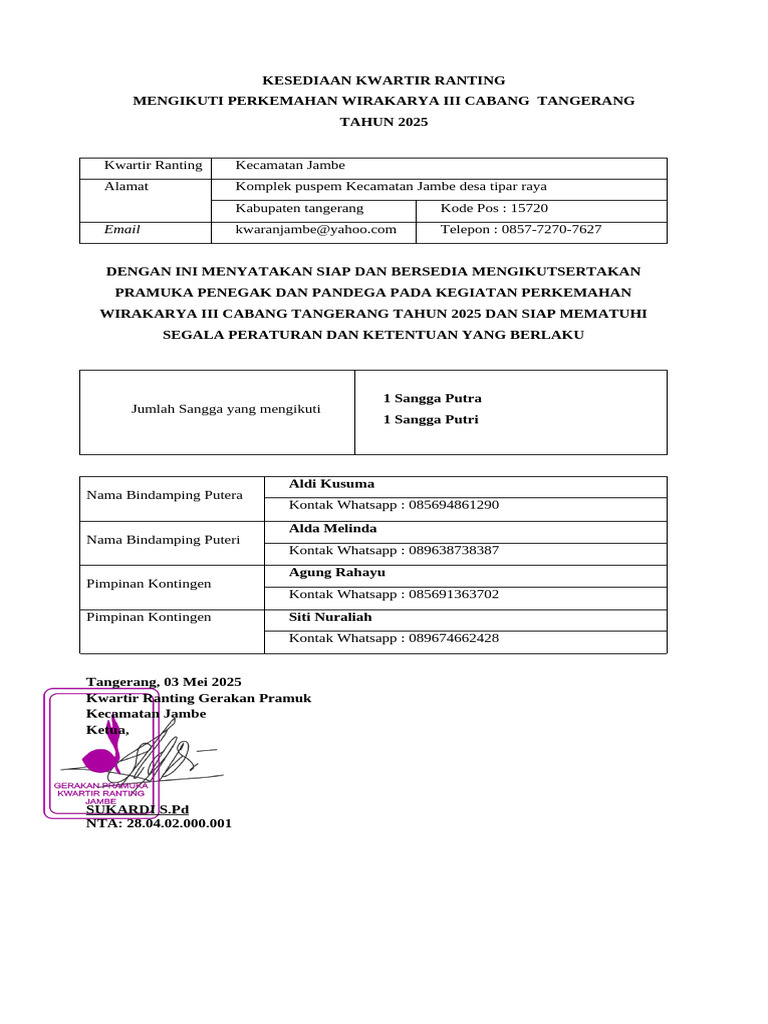 Kesediaan Kwartir Ranting Jambe Kegiatan PWC III 2025 | PDF