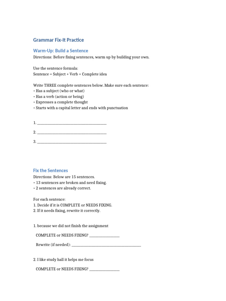 Grammar Fix It Practice With Warmup 1 | PDF | Language Mechanics ...
