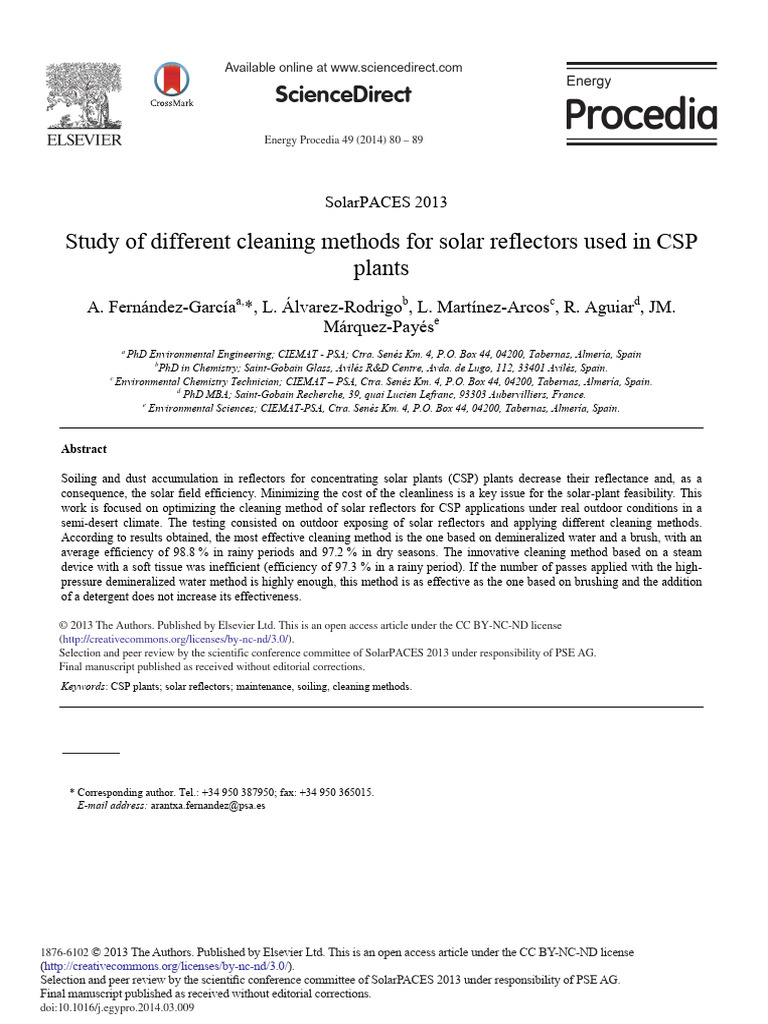 Study of Different Cleaning Methods for Solar Reflectors Used in CSP ...