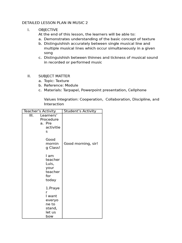 Detailed Lesson Plan in Music | PDF | Teachers | Lesson Plan