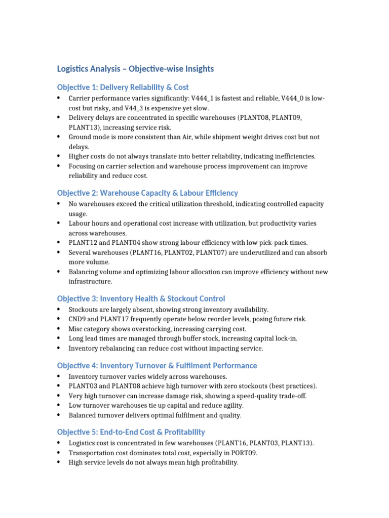 Logistics Objective Insights | PDF | Inventory | Warehouse