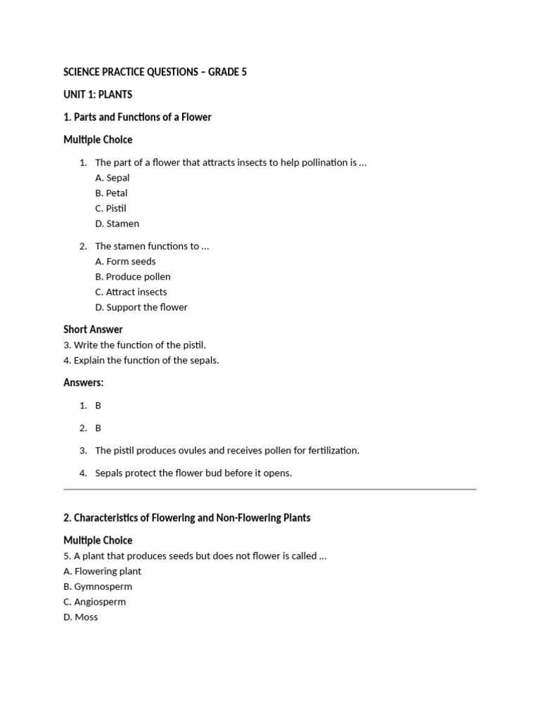 Science Practice Questions | PDF | Flowers | Seed
