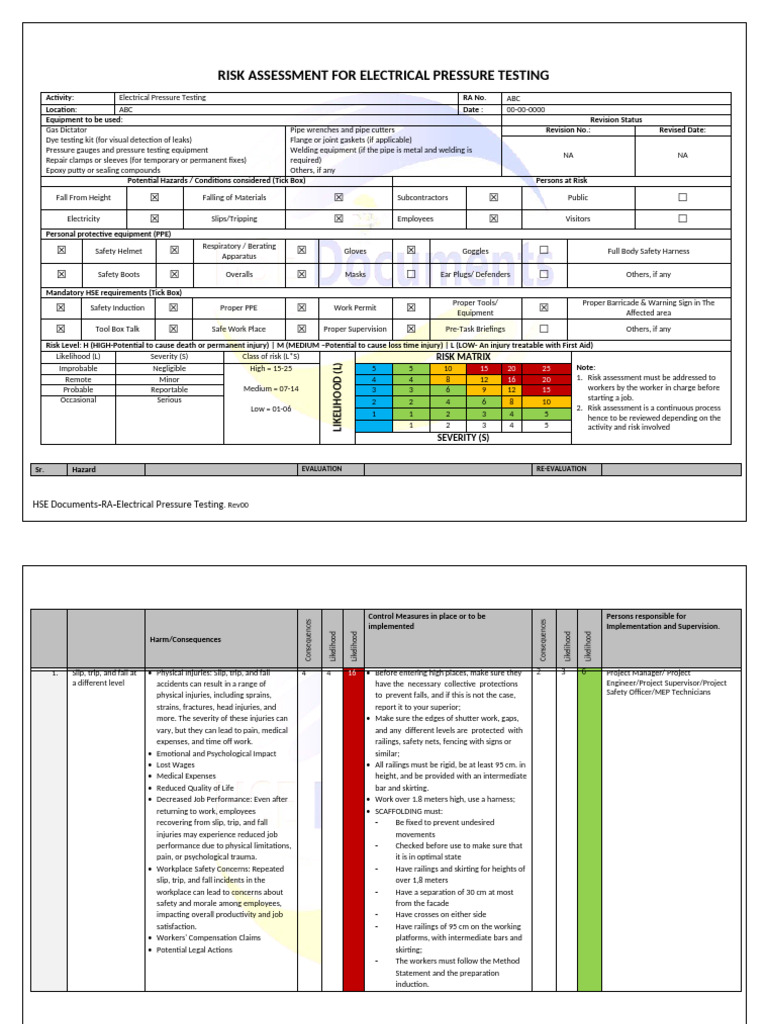 Hse Documents-Risk Assessment For Electrical Pressure Testing | PDF ...
