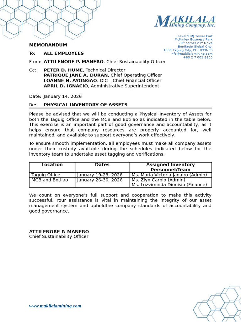 Memorandum - Physical Inventory of Assets - Apm | PDF