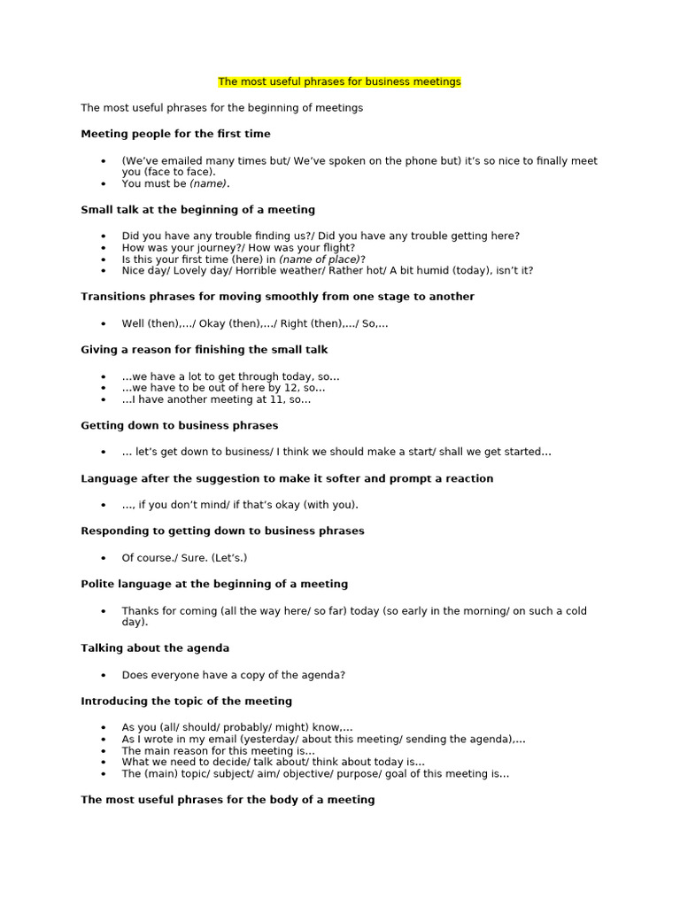 The Most Useful Phrases For Business Meetings | PDF